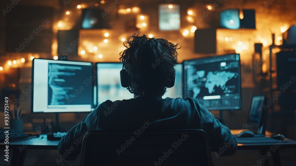 Poster a remote worker sitting in a home office, participating in a virtual team meeting with colleagues fr