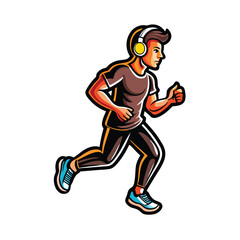 A cartoon illustration of a person jogging with headphones on.