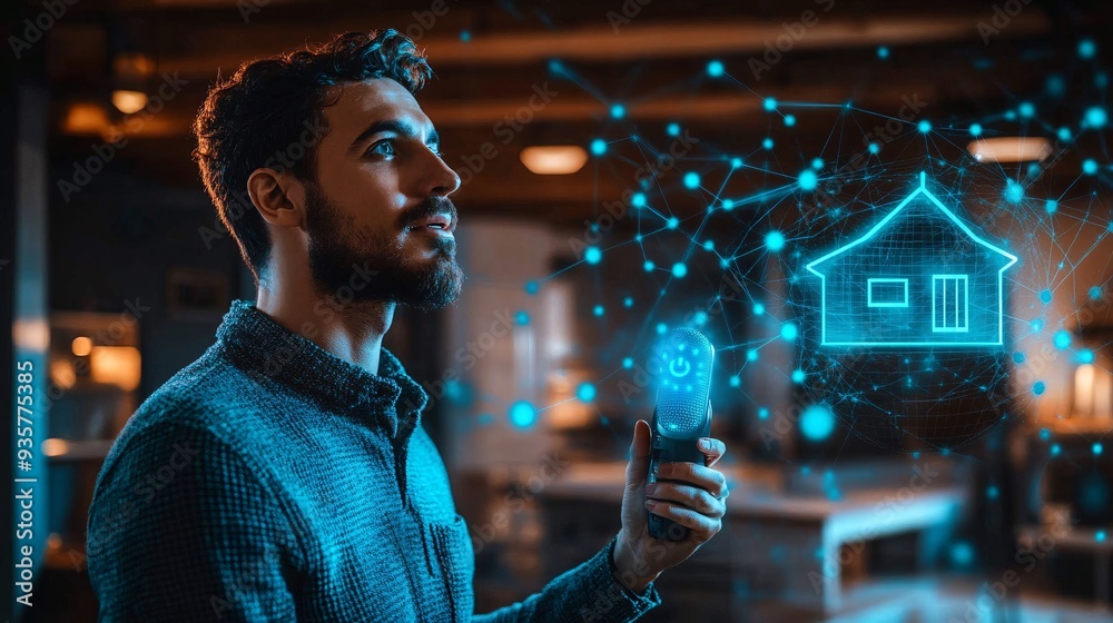 Poster A person using a voice-activated assistant to control a smart home, showcasing the seamless integration of technology into daily life and the accessibility it provides Stock Photo with copy space