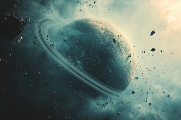 An ethereal image featuring a planet with rings amidst space debris in mesmerizing aqua tones,...