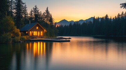 Fototapeta premium Tranquil Lakeside Cabin at Twilight with Reflective Waters