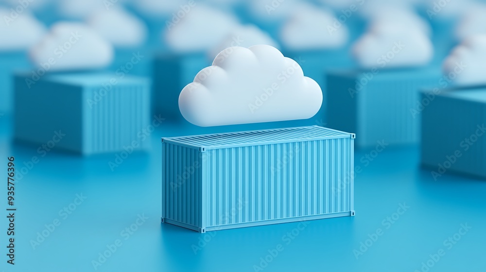Poster digital illustration of cloud computing with floating clouds and containers on a blue background rep