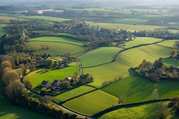A bird's eye view of expansive green fields with small rural homes interspersed throughout the landscape, illustrating the harmonious blend of agriculture and habitation.