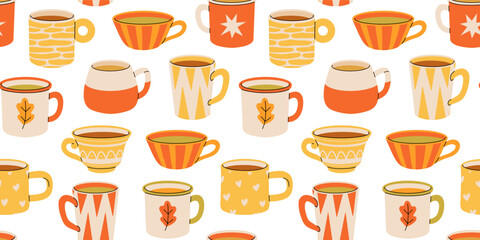 Seamless pattern with various tea cups and teapot. Cute autumn dishes different shapes and ornaments. Hand drawn color vector background in Modern flat cartoon style.