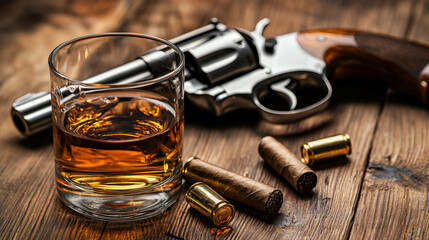 A glass of liquor and a gun are on a wooden table