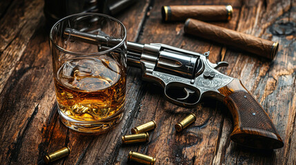 A gun and a glass of whiskey are on a wooden table