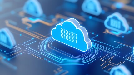 Digital representation of a cloud computing network, showcasing data processing and storage in a futuristic technology concept.