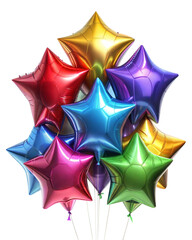 Obraz premium Colorful star-shaped foil balloons in various colors on transparent background. Concept of celebration, party, decoration, and festive atmosphere