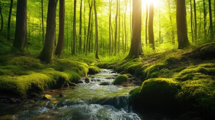 Obraz premium Idyllic Forest Scene with Flowing Stream