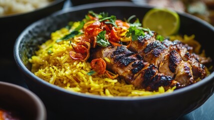 Fototapeta premium Contemporary Nasi Mandi in Minimalist Bowl with Elegant Presentation 