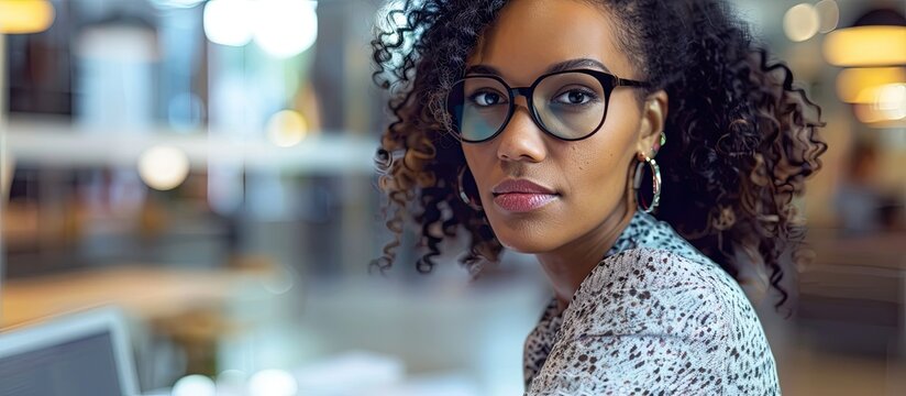 Focused biracial businesswoman in casual attire sitting at a desk using a laptop in an office with copy space