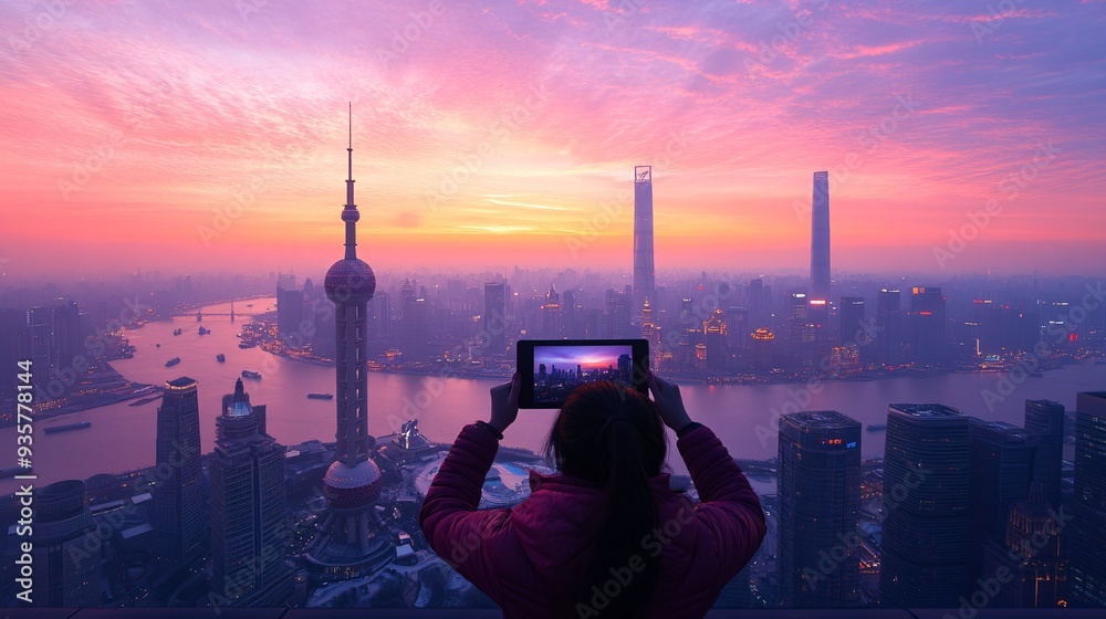 Poster a person sitting on a balcony at sunset, holding a tablet horizontally and streaming a travel vlog, 