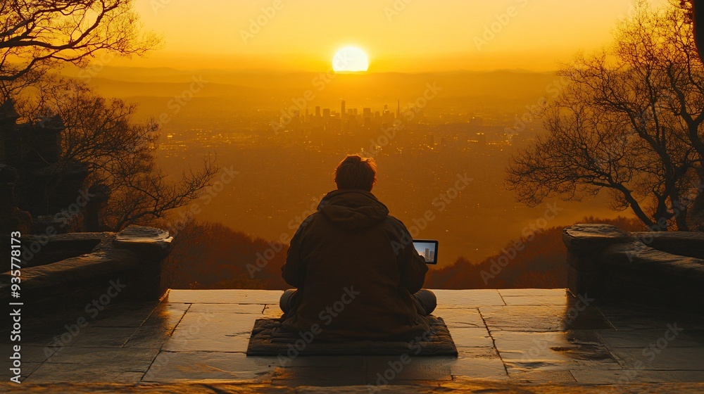 Poster a person sitting on a balcony at sunset, holding a tablet horizontally and streaming a travel vlog, 