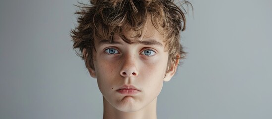 Portrait of a 12 13 year old teenager displaying various emotions against a gray background. Copy space image. Place for adding text and design