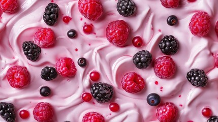 Close-up of pink yogurt with raspberries, blackberries, and blueberries.