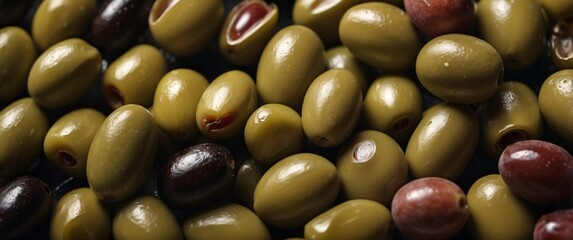 Close-Up of Green and Red Olives with a Glossy Finish