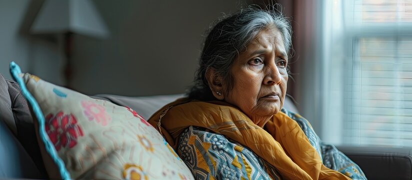 Indian middle aged woman engaged in deep thought while seated on a sofa at home highlighting themes of family issues loneliness and mental health challenges. Copy space image