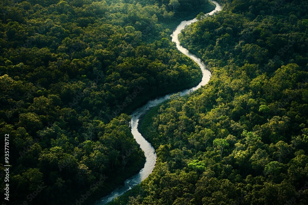 Poster an intricate aerial view of a meandering river threading its way through rich green woodlands, highl