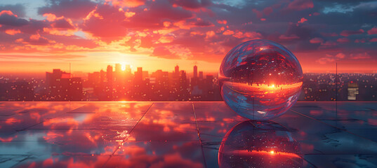 A high-definition shot of a metallic 3D object reflecting a vibrant sunset over a city skyline