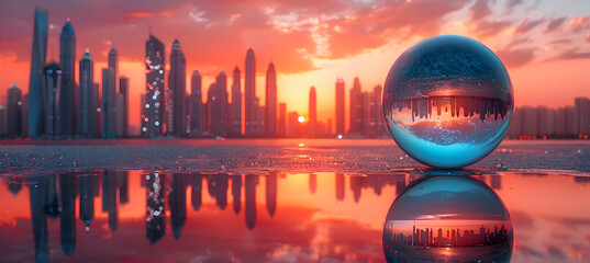 A high-definition shot of a metallic 3D object reflecting a vibrant sunset over a city skyline