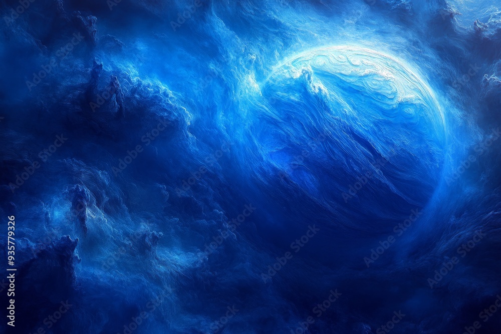 Poster Dynamic blue cosmic vortex with swirling patterns of light and depth, evoking a sense of otherworldly mystery and infinite space in this captivating abstract imagery.