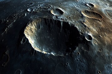 This image showcases a massive crater on a dark surface with highly detailed edges, evoking a sense of otherworldly grandeur and vastness in the cosmic landscape.