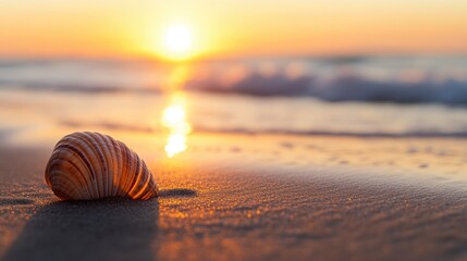 Obraz premium Beautiful Beach Sunrise with Close-Up of Coastal Seashell
