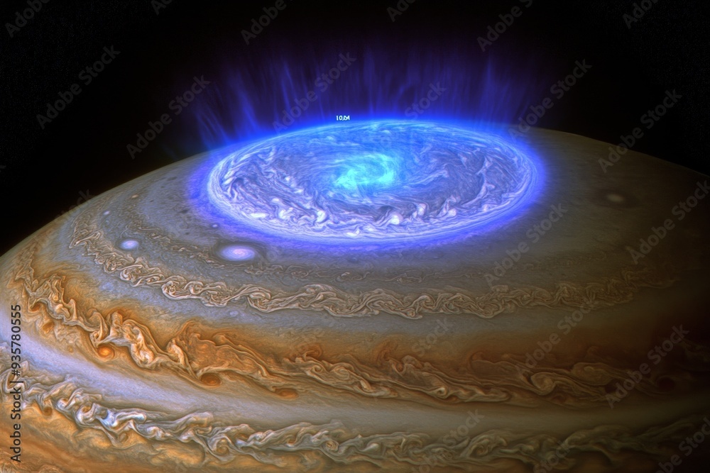 Poster This image portrays a dynamic blue vortex, enhanced with aurora-like atmospheric effects, set against the backdrop of a distant planet, creating a captivating celestial scene.