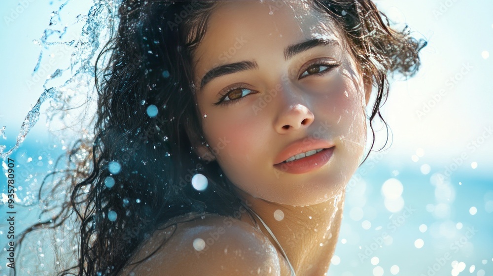 Poster Close-up portrait of a beautiful woman with wet hair and skin, looking at the camera.