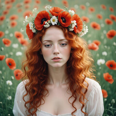 Naklejka premium Beautiful young red-haired girl in a wreath of poppies and white flowers in a field