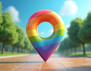 A colorful 3D location symbol showcasing a rainbow gradient, with a blurred nature background featuring trees and a blue sky, illustrating a vibrant outdoor setting create with ai