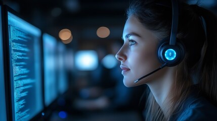 A focused individual wearing a headset, engaged with computer screens displaying lines of code in a dimly lit environment, suggesting a tech or gaming context