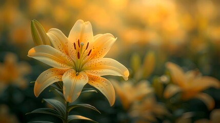 Fototapeta premium A Single Light Yellow Lily with Dark Orange Spots in a Field of Blurry Lilies