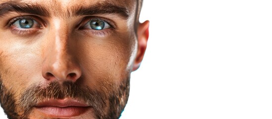 Obraz premium Man s face portrait banner featuring copyspace isolated on white