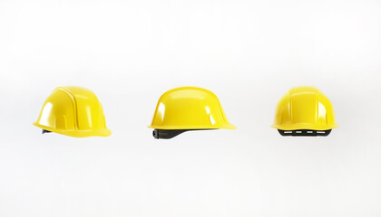 Set of yellow hard hat isolated on white background, 3d render. Yellow helmet cutout for Labour Day concept.
