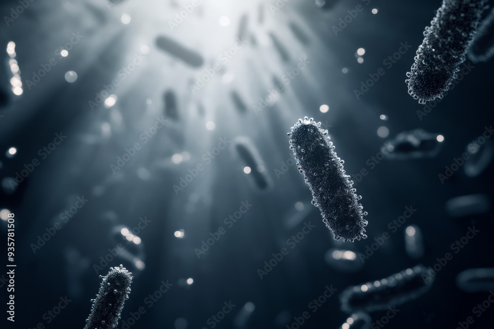 Poster this image captures bacteria floating in a dark, moody underwater environment, providing a stark bla