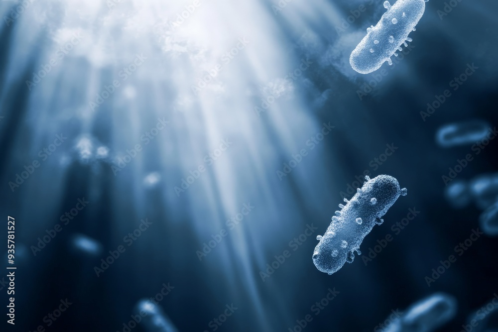 Poster an artistic depiction of bacteria floating gracefully in a sunlit aquatic environment, showcasing th