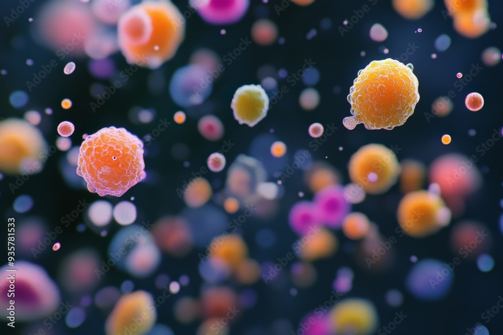 Poster a vibrant and colorful depiction of various bacteria floating in an artistic underwater environment,
