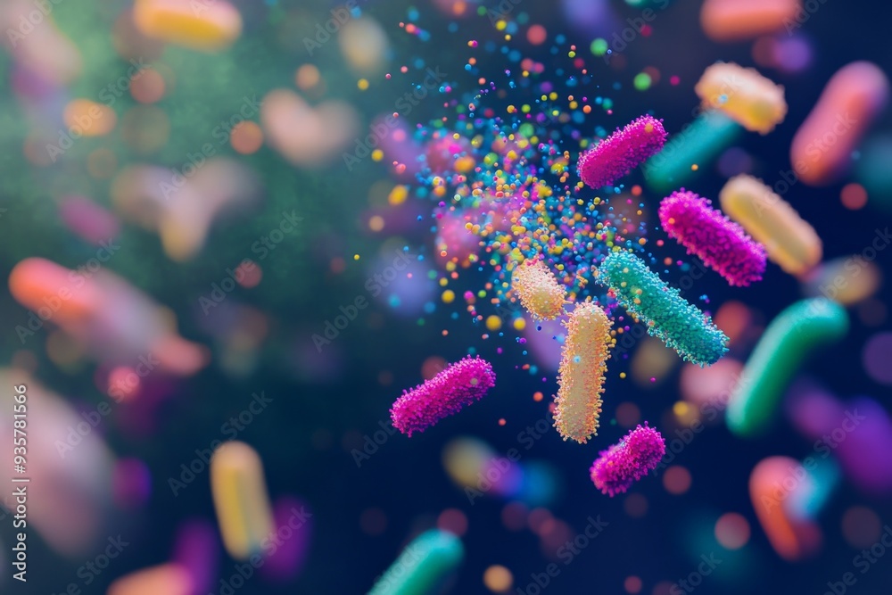 Aufkleber An image bursting with colorful and vibrant bacteria in a dynamic underwater scene, portraying the diversity and flourishing life of microscopic organisms in a lively aquatic environment.