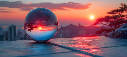 A high-definition shot of a metallic 3D object reflecting a vibrant sunset over a city skyline