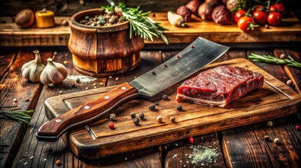 Vintage meat knife on cutting board in a butcher shop
