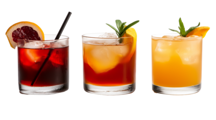 colorful and refreshing cocktails in various glasses with different straws and garnishes isolated on transparent background