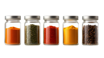 Set of assorted spices in glass jars isolated on transparent background