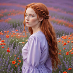 Naklejka premium Beautiful young red-haired girl with braids in a field of lavender and poppies