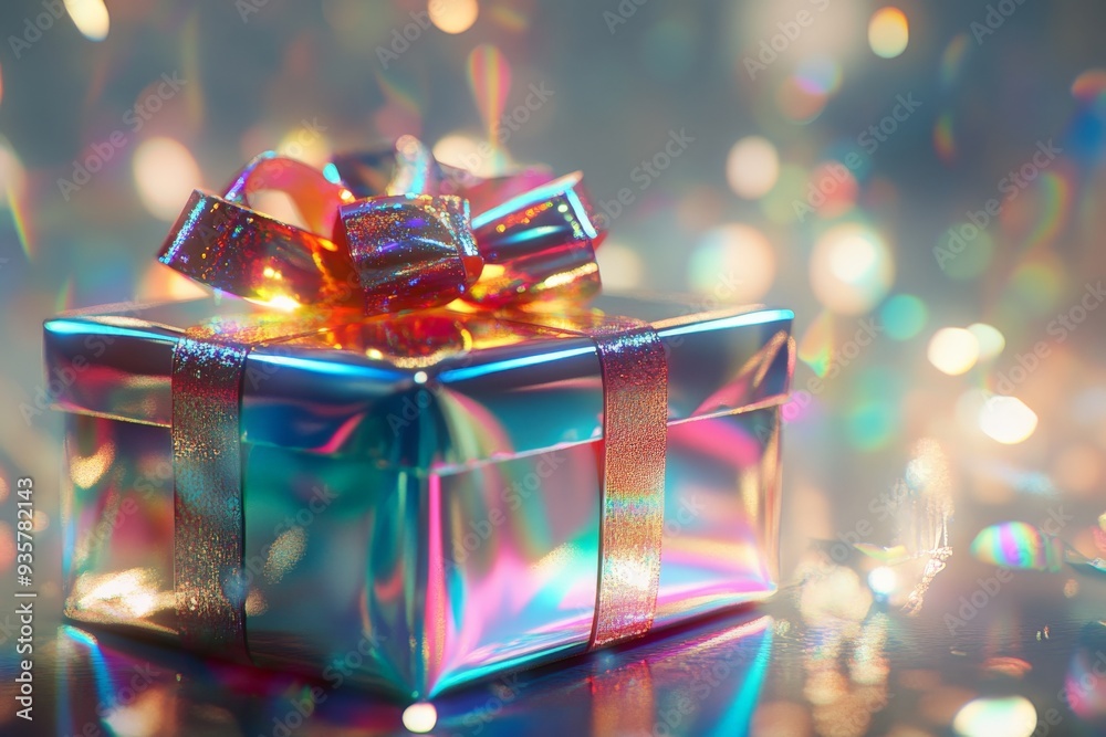 Poster A striking image of a gift box wrapped in shiny, reflective paper with a ribbon bow, set against a colorful and vibrant background of bokeh lights, evoking excitement and celebration.