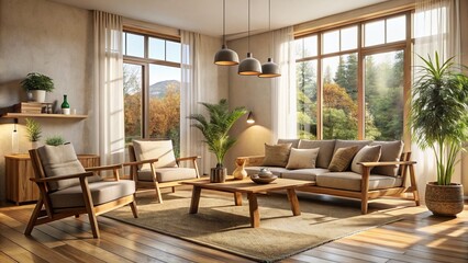 Cozy morning light illuminates a minimalist living room featuring affordable rustic wooden chairs and a sofa in earthy tones with subtle texture and natural fabrics.