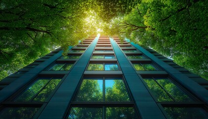 Eco-Friendly Architecture in the Modern City: Sustainable Glass Office Building with Trees to Reduce Carbon Dioxide