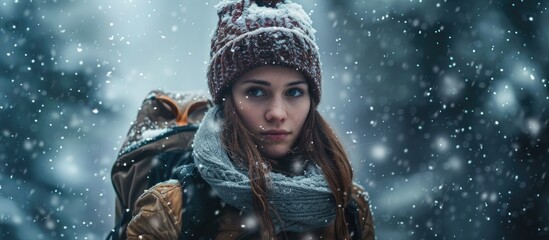 Nothing can hinder her resolve to reach the top A cropped shot of a beautiful young woman hiking in a snowstorm. Copy space image. Place for adding text and design