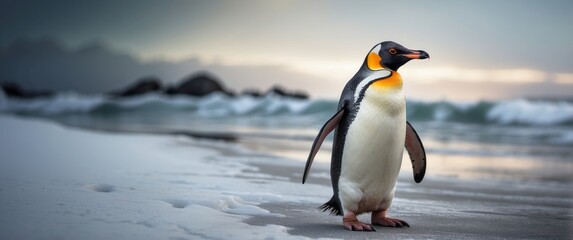 Obraz premium A King Penguin Standing on a Sandy Beach at Sunset