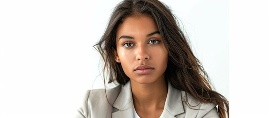 Young mixed race businesswoman isolated against a white background puffs out her cheeks and displays a tired expression This relates to the concept of facial expression. Copy space image
